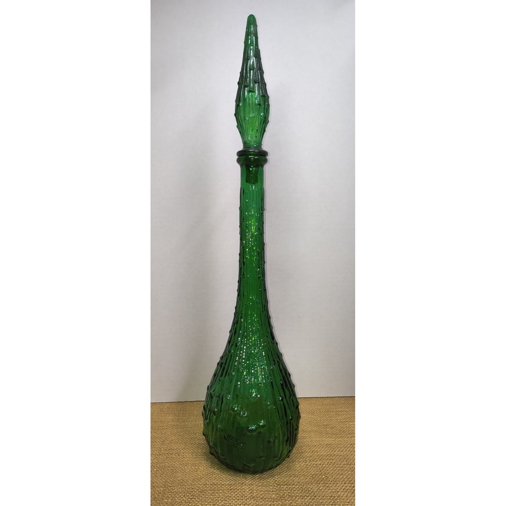 Vintage 60s Empoli Genie Decanter Vase Emerald Green Wax Drip Bamboo Pattern 22"